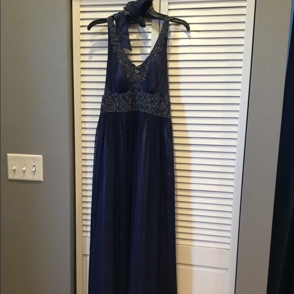 Blue halter beaded evening gown